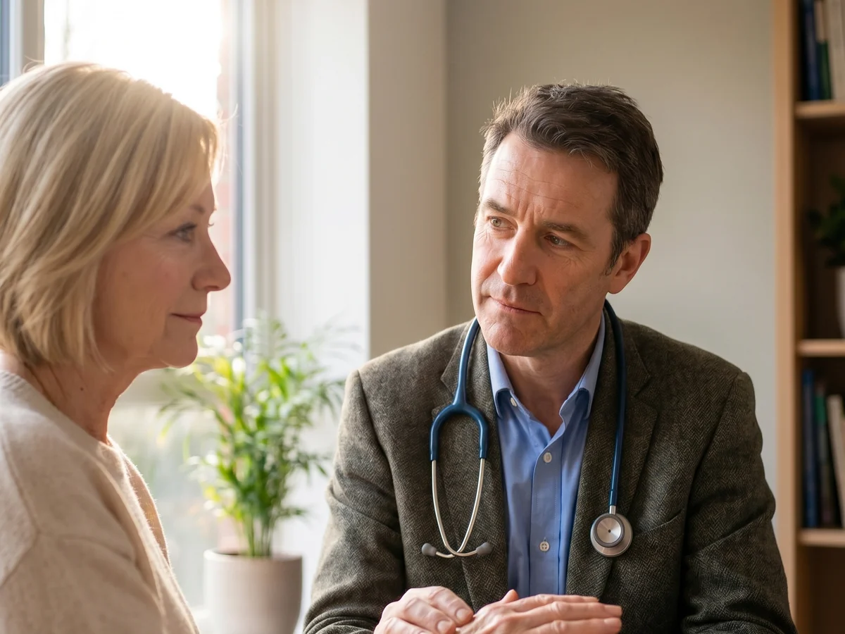 A rheumatologist examines Linda's hand at his practice