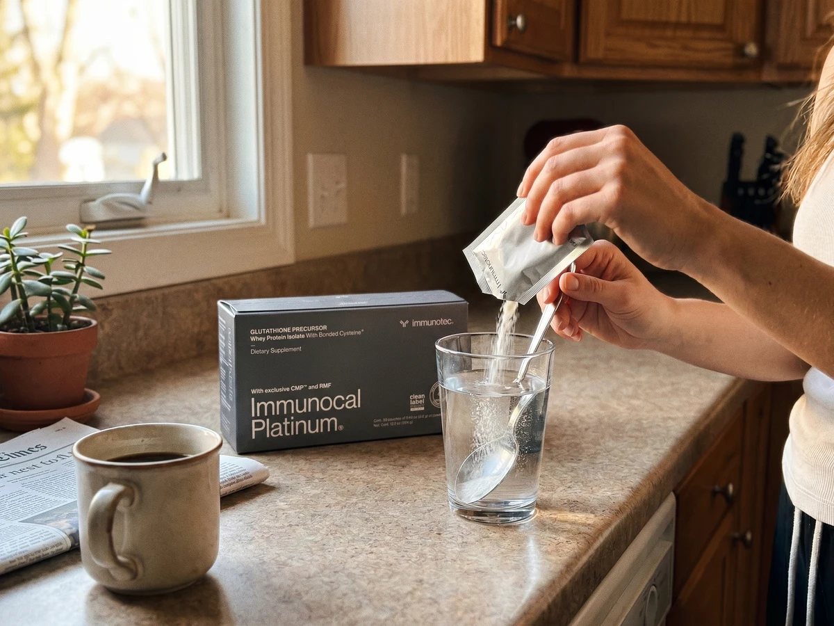 Immunocal box and sachets on a kitchen countertop in morning light